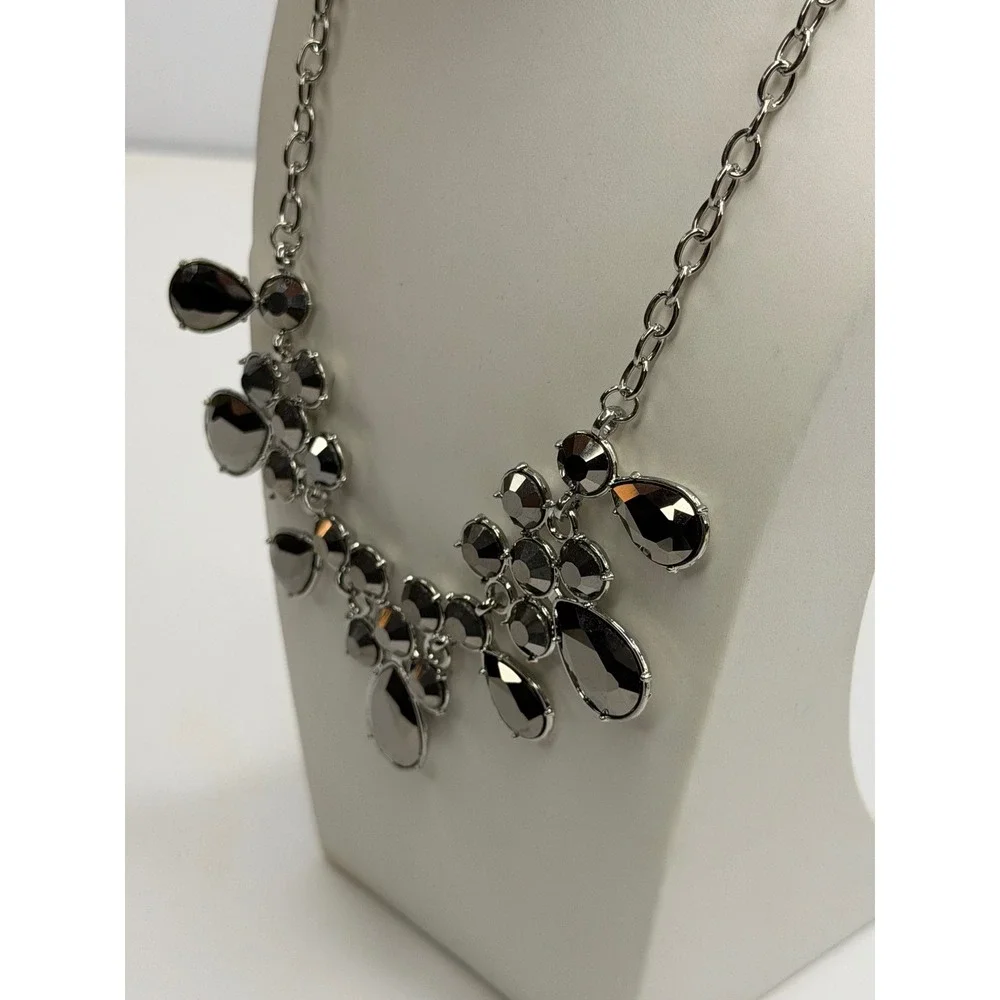 Dark Silver Tone Faceted Stone Statement Bib Necklace Gunmetal Grey Adjustable